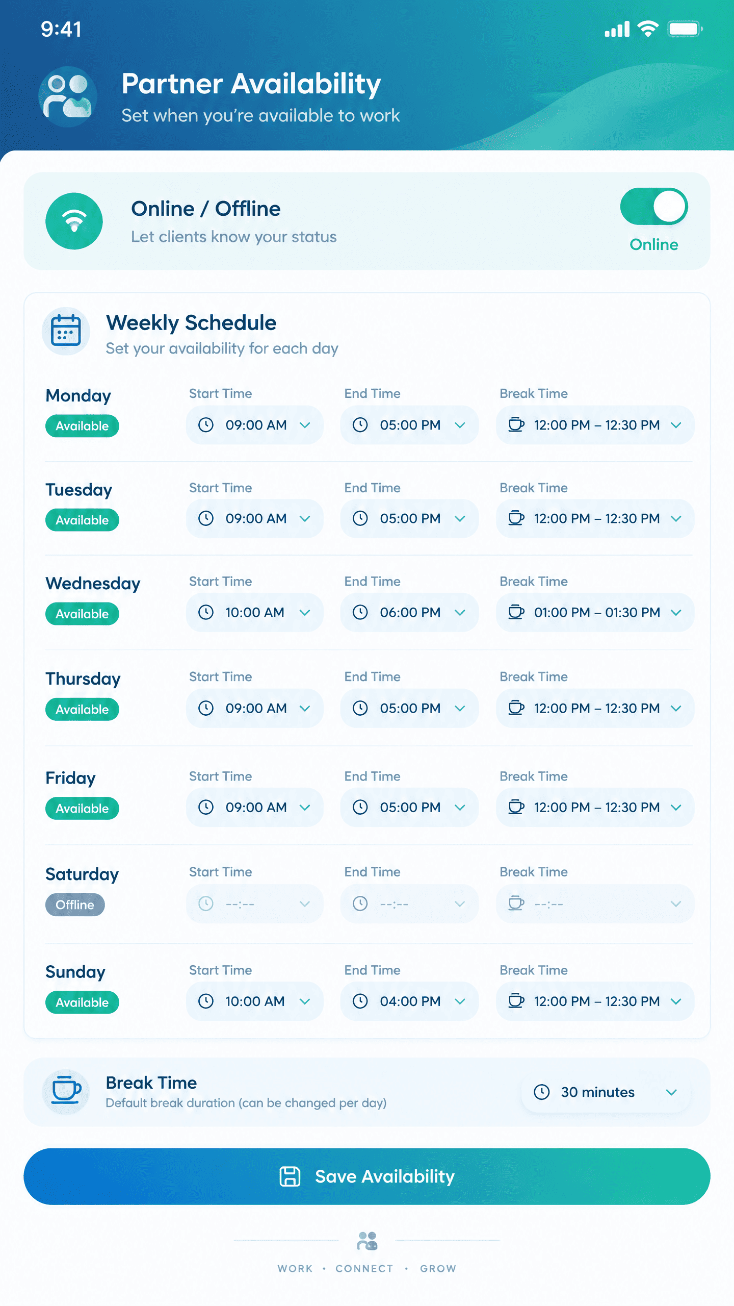 Working Hours & Availability Roster